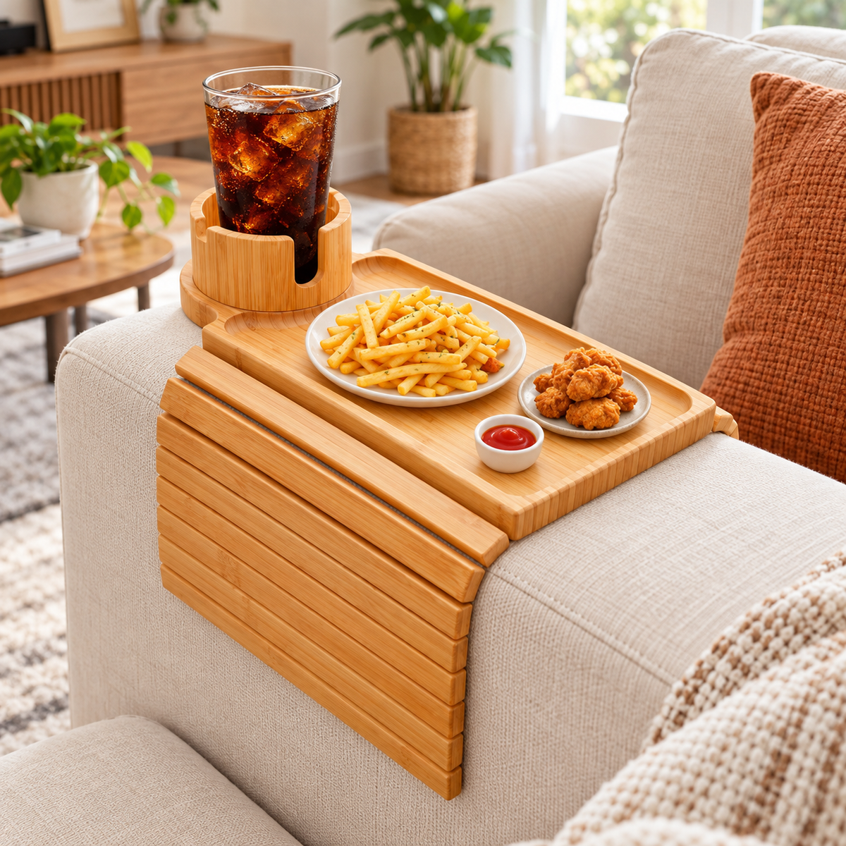 🛋️ Sofa Arm Tray | Bamboo Couch Organizer | Cup Holder Side Table