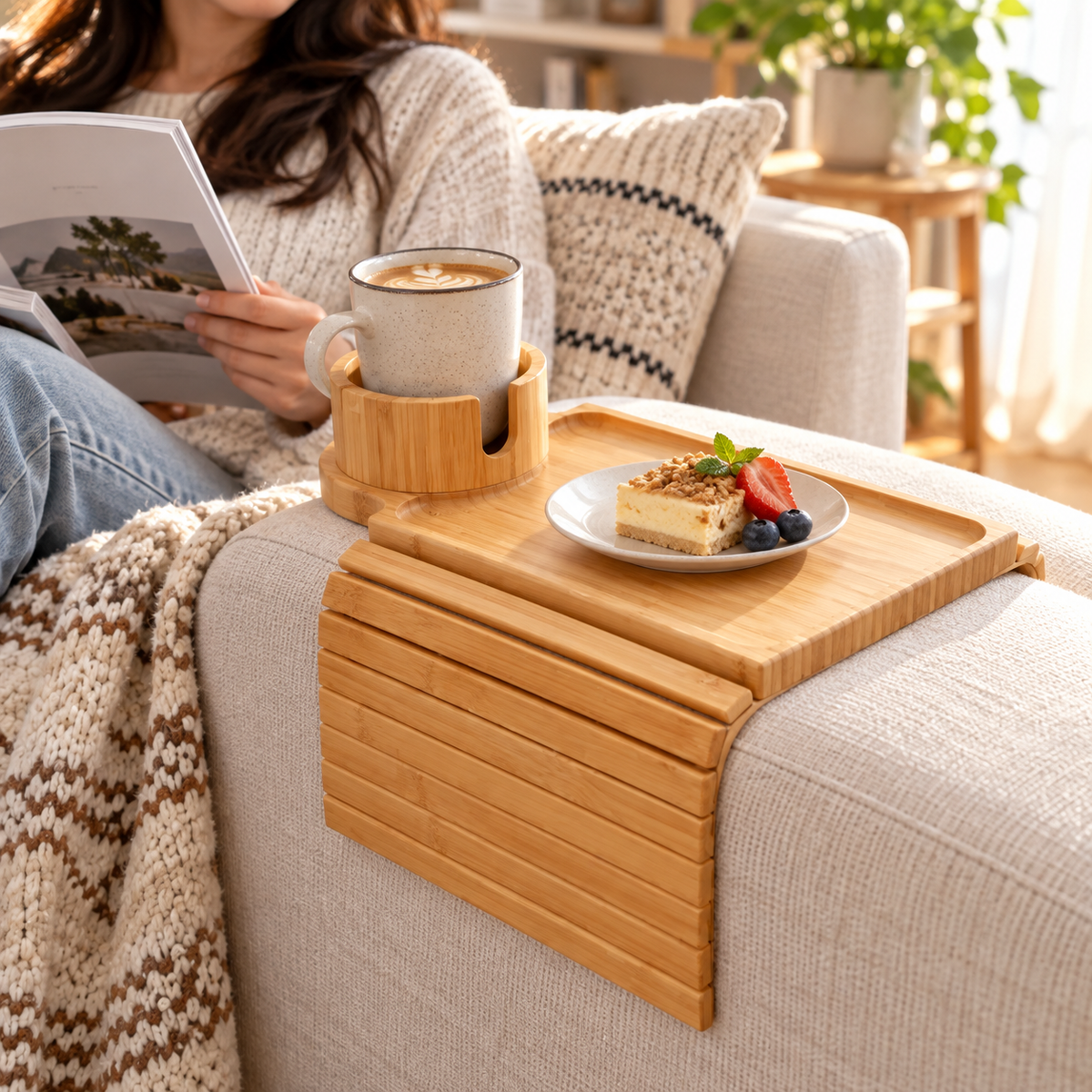 🛋️ Sofa Arm Tray | Bamboo Couch Organizer | Cup Holder Side Table