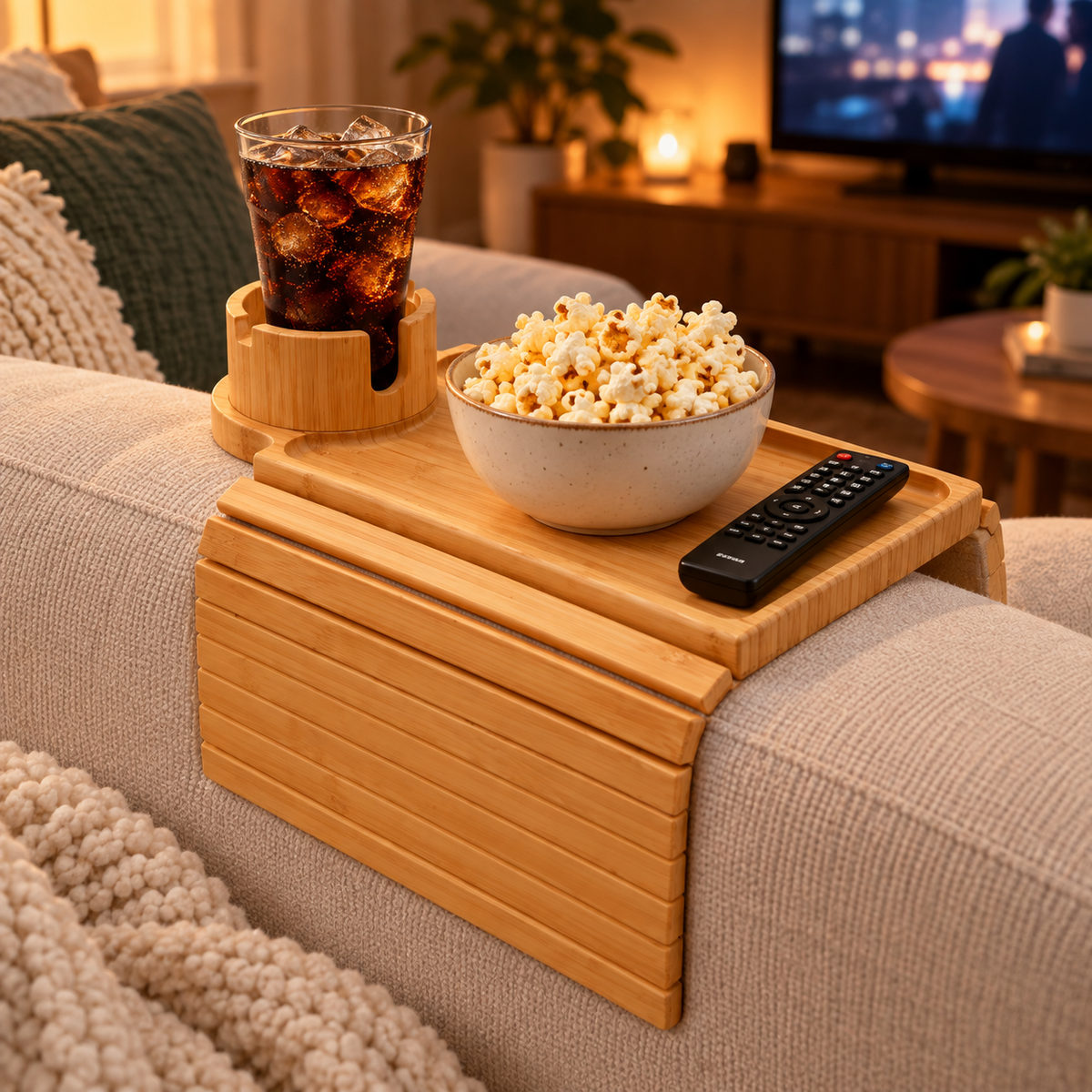 🛋️ Sofa Arm Tray | Bamboo Couch Organizer | Cup Holder Side Table