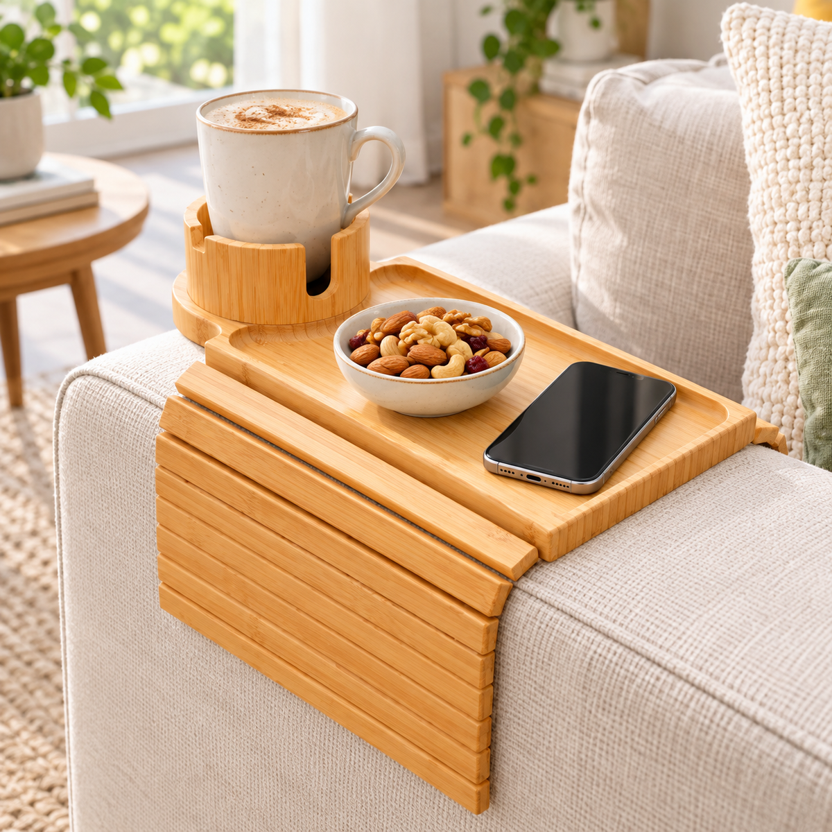 🛋️ Sofa Arm Tray | Bamboo Couch Organizer | Cup Holder Side Table
