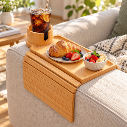 🛋️ Sofa Arm Tray | Bamboo Couch Organizer | Cup Holder Side Table