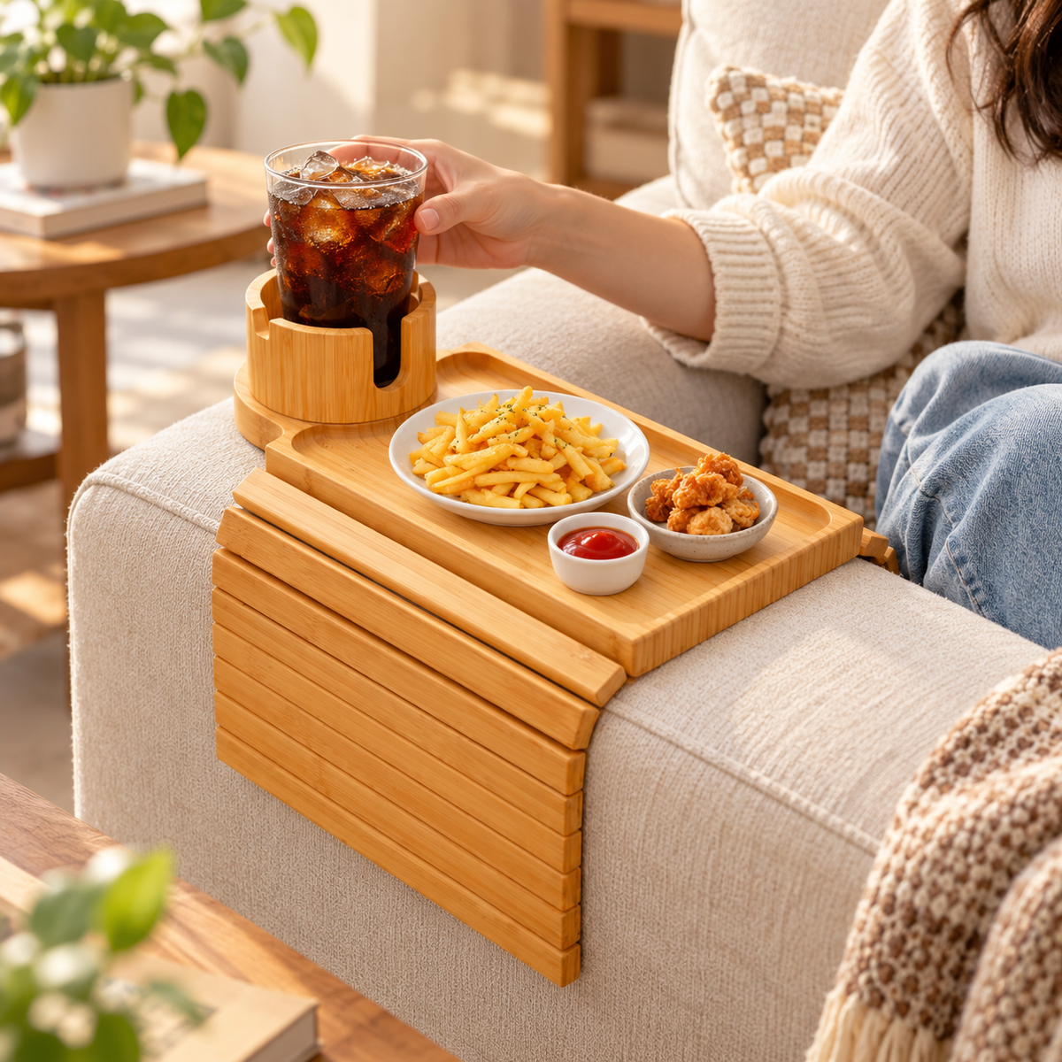 🛋️ Sofa Arm Tray | Bamboo Couch Organizer | Cup Holder Side Table
